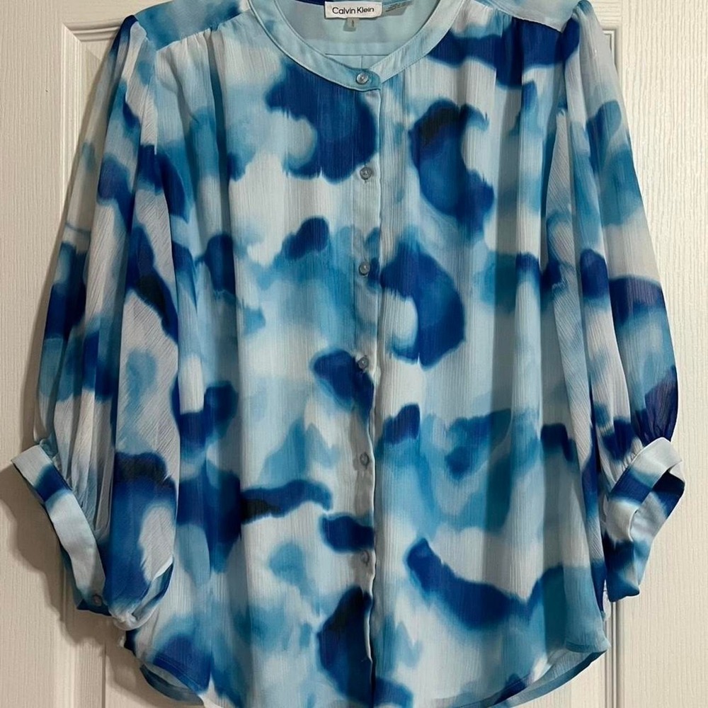Calvin Klein Blouse, Quarter Length Sheer Balloon Sleeves, Blue, Women's Large
